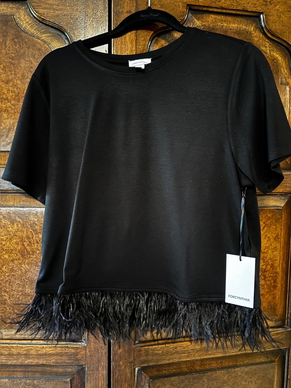 For Cynthia Black Short Sleeve Top with Feather Hem